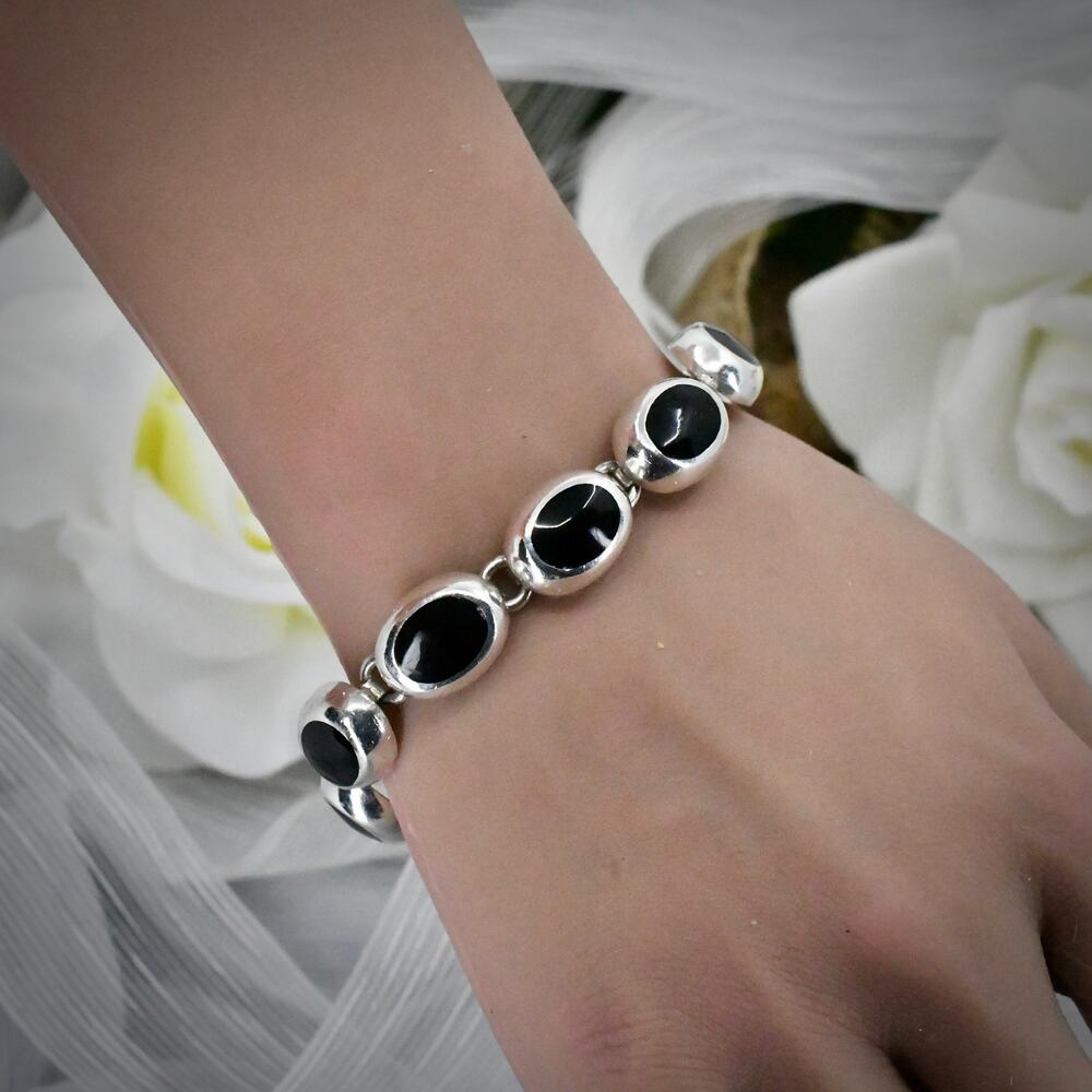 Vintage Mexico 925 Sterling Silver Black Onyx Oval Cabochon Link Bracelet 37.3g